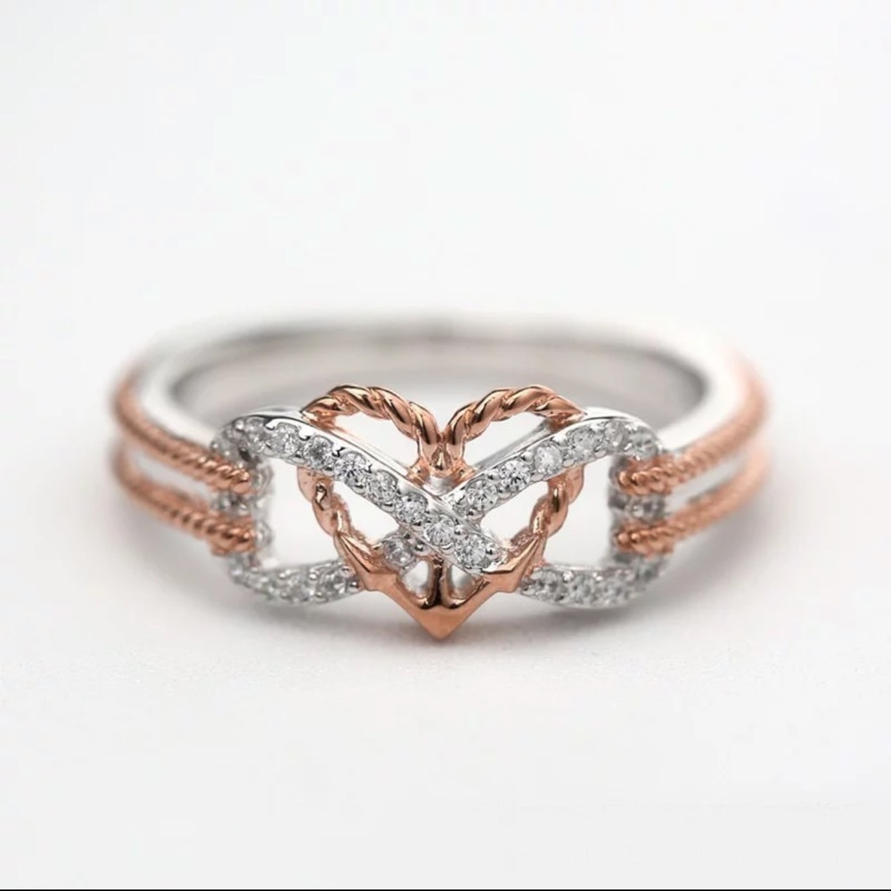 Creative Rose Gold Two-tone Cross Heart Ring - Picture 2 of 5